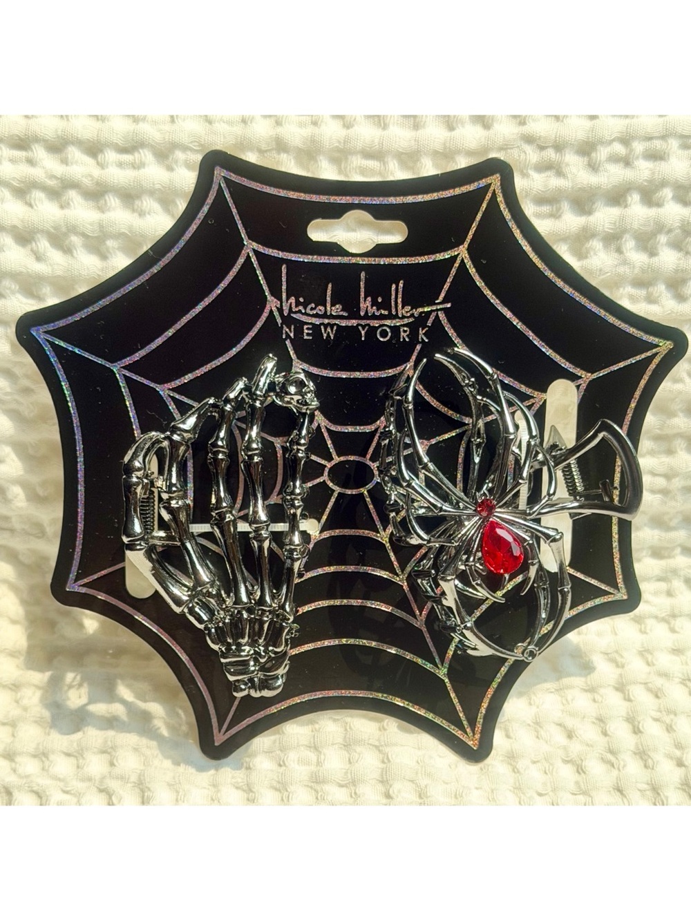Nicole Miller Halloween Hair Claw Clips 2pc Skeleton Hand Spider Gunmetal Red